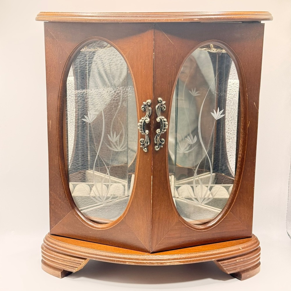 Vintage Wood Jewelry Box Armoire Etched Glass Doors Necklace Carousel Mirror